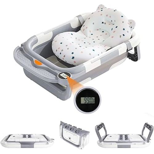 Collapsible Baby Bathtub for Babies and Toddlers Aged 0-36 Months Portable Baby Bathtub with Thermometer and Soft Pad Foldable Baby Bathtub with Drainage Function,Perfect for Travel and Home-Gray