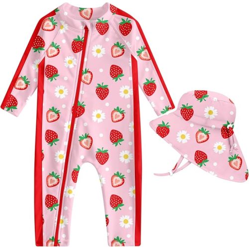 Baby Girl Swimsuit UPF 50+ Sun Protection One Piece Zip Bathing Suit with Sun Hat Infant Sunsuit Swimwear