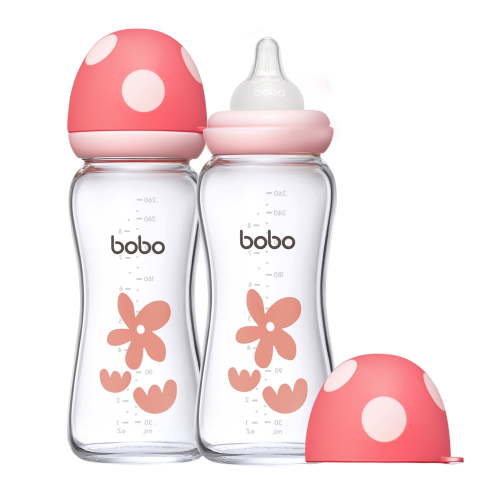 YOHKOH Newborns Glass Bottles,Natural Response Nipple,Wide-Neck Bottle,8.8 oz/2pk,Red