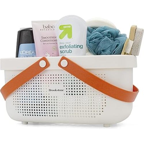 Brookstone BKH1635, Large Portable Shower Caddy with Soft Silicone Carrying Handle, Bathroom Organizer Basket, Plastic Bath Tote, Dries Quickly with Drainage Holes [BPA Free], White