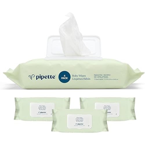 Pipette Baby Wipes - 100% Plant-Based Fibers and Plant-Derived Moisturizers, Water-Based (Fragrance-Free, 288-Count)