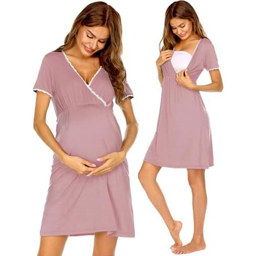 Ekouaer Nursing Nightgown Delivery and Labor Gown for Hospital Short Sleeve Maternity Breastfeeding Dress