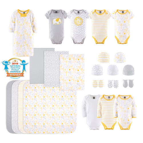The Peanutshell Newborn Layette Gift Set for Baby Boys or Girls, Yellow Safari, 23 Essential Pieces, 0-3 Months