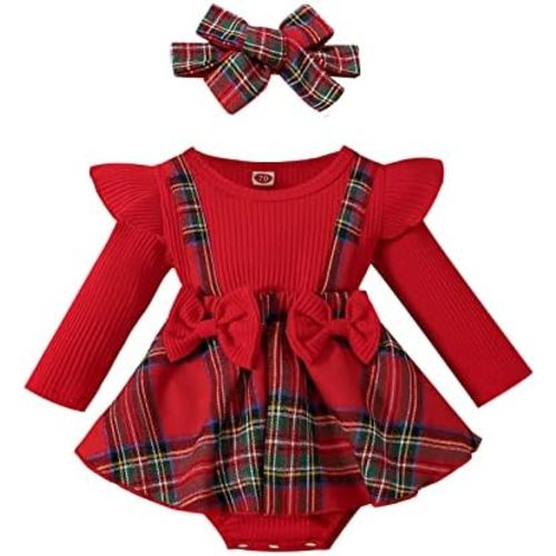 Engofs Baby Girl Christmas Outfit Newborn Infant Long Sleeve Romper Dress with Headband
