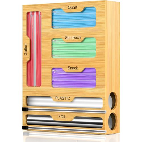 Bag Storage Organizer for Kitchen Drawer, 6 in 1 Foil and Plastic Wrap Dispenser with Cutter, Bamboo Plastic Bag Food Baggie Organizer for Gallon, Quart, Sandwich, Snack - Natural