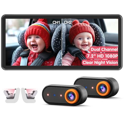 LUCKVIEW Baby Car Camera for 2 Kids, Dual Channel with 7.2" 1080P Crystal Clear Display, Easily Install Backseat Mirror with 2 IR Night Vision Cameras, Safety Car Baby Camera for Rear Facing