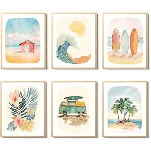 Beach Nursery Poster, Set of 6 Ocean Kids Wall Art Watercolor Summer Surf Wall Decor Beachy Boys Room Decor Funny Teen Coastal Surfboard Canvas Prints Aesthetic Unframed 8x10 inch