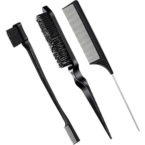Geiserailie 3 Pcs Slick Back Hair Brush Set Bristle Brush Edge Control Teasing Comb for Women Black Hair(Black)