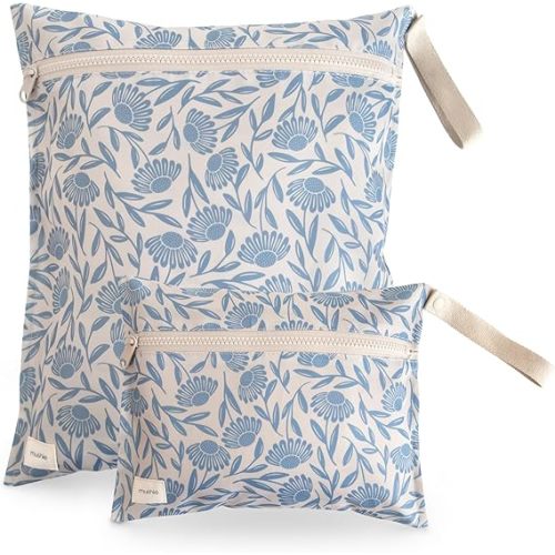 mushie Water Resistant Wet Bags | Large & Small Reusable Storage Bag for Baby Items and Travel | Zippered Pockets with Handle | Machine Washable, Set of 2 (Blue Flowers)