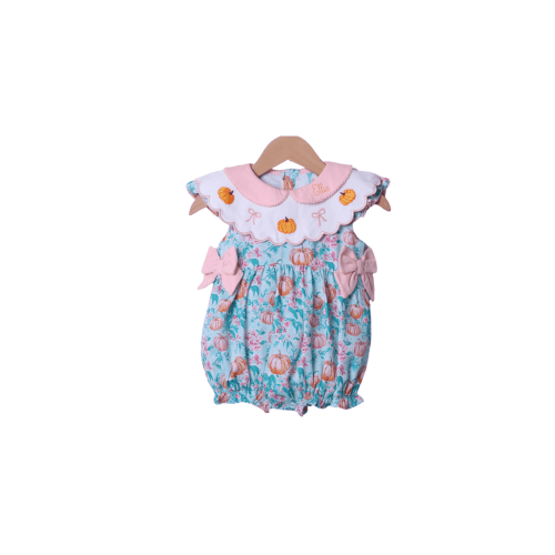 Smocked Pumpkin Turquoise Bow Bubble