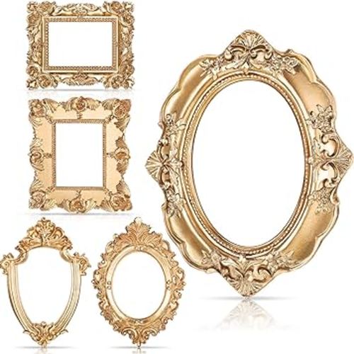 Yalikop 5 Pieces Vintage Resin Picture Frame Antique Photo Oval Rectangle Wall Hanging Table Top Jewelry Display Christmas Holiday Party Hotel Decor (Gold), (CU-Yalikop-1229)