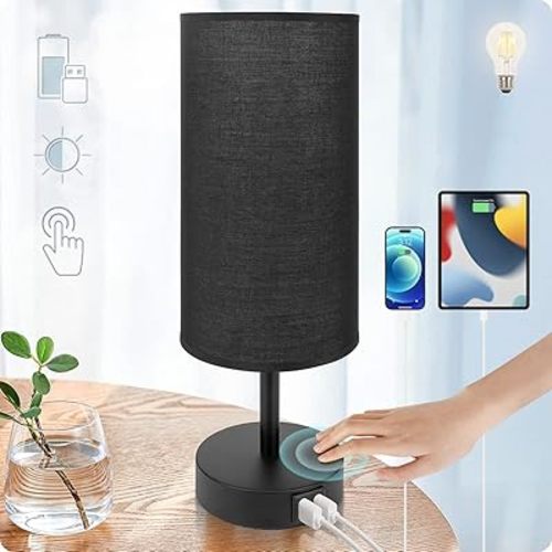 Yarra-Decor Bedside Lamp with USB Port - Touch Control Table Lamp for Bedroom 3 Way Dimmable Nightstand Lamp with Round Black Fabric Shade for Living Room, Dorm, Home Office (LED Bulb Included)