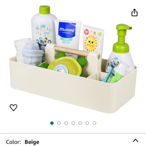 Baby Shower Caddy Plastic Nursery Portable Storage Organizer Caddy Tote for Child/Kids, Divided Basket Bin with Wood Handle for Bathroom, Dorm Room, Holdsn Bottles, Spoons, Gray