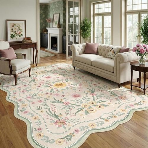 Scalloped Floral Rug 8x10, Sage Green Washable Large Area Rug for Bedroom, Non Slip Low Pile Cottagecore Rug for Living Room, Girls Room, Dorm, or Reading Nook Green Beige