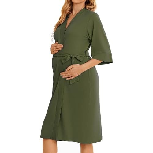 Ekouaer Womens Maternity Nursing Robe for Hospital V Neck Pregnancy Bathrobes 3/4 Sleeve Labor Delivery Nightgowns