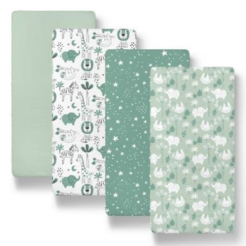 The Peanutshell Green Safari Bassinet Sheets, Green, 4-Pack