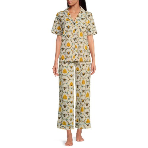 Printfresh Woven Organic Cotton Poplin Sweet Bee Print Short Sleeve Notch Collar Cropped Pajama Set