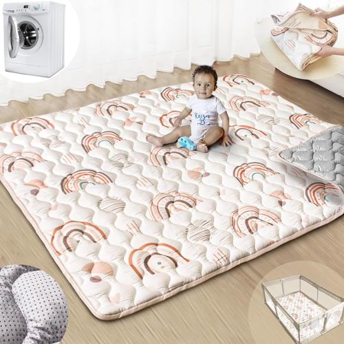 Beavtaens Baby Play Mats for Floor, 71”x59” Upgraded Thickness & Larger Super Soft Playmat for Babies and Toddlers, Foldable Washable, Upgrade Anti-Slip Crawling Mat for Playpen(Boho Rainbow)