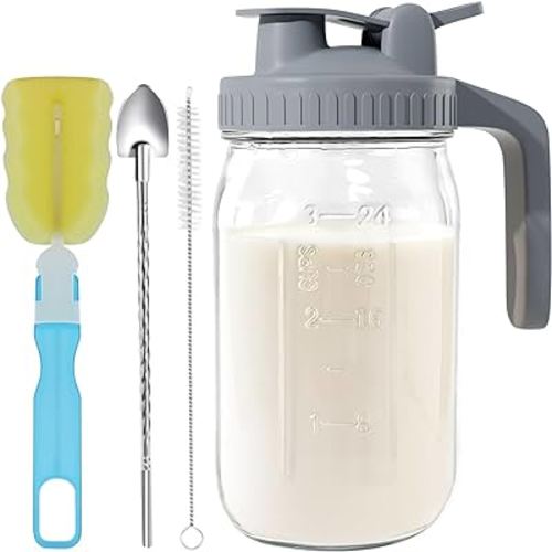 Cnsndqedke Glass Mason Jar Pitcher - 32oz Breast Milk Pitcher with Pour Spout Lid, Airtight Seal - Ideal for Cold Brew Coffee, Juice, Lemonade, and More - Premium Glass Jug for Beverages and Sun Tea