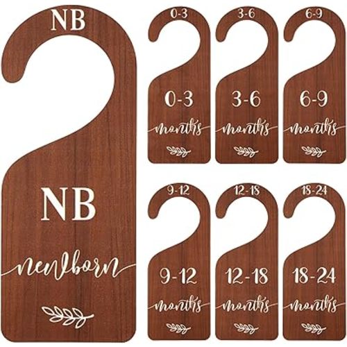 Whaline 7Pcs Wooden Baby Closet Size Dividers with Pink Velvet Bag Newborn to 24 Month Thicken Infant Wardrobe Organizers Home Nursery Hanger Decor for Baby Shower Party Gift Supplies