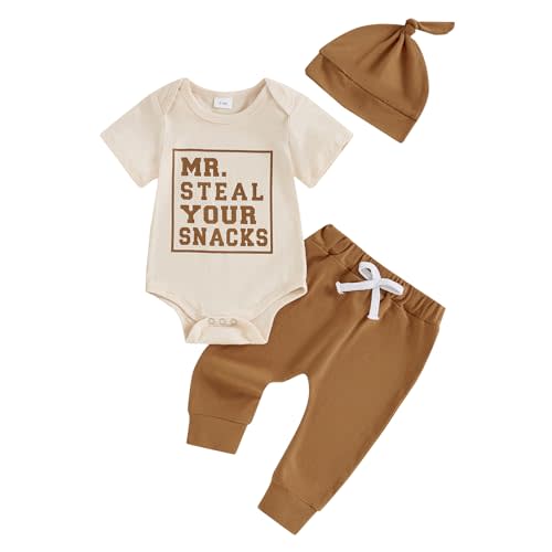 Frietlebird Newborn Baby Boy Clothes Short Sleeve Letter Print Romper and Elastic Waist Pants with Hat Coming Home Outfit