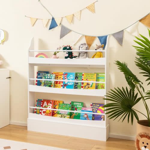 Costzon Kids Bookshelf, 3-Tier Wooden Book Shelf Organizer for Books and Toys, Toddler Space-Saving Wall Bookcase Conner Storage Rack for Bedroom, Living Room, Nursery, Playroom (White)