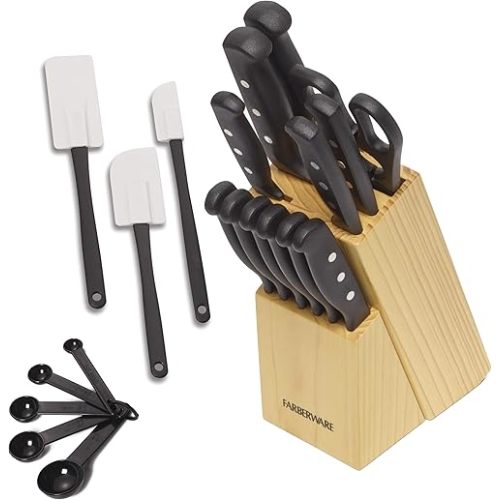 Farberware 22-Piece Never Needs Sharpening Triple Rivet High-Carbon Stainless Steel Knife Block and Kitchen Tool Set, Black, Durable ANDPrecision Cutlery