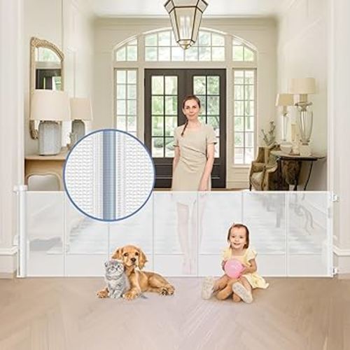 Reinforced 90 Inch Wide Retractable Baby Gates for Doorways Extra Wide Outdoor Retractable Gate for Dogs Reinforced Bottom to Prevent Crawling Through Mesh Baby Gate Long Dog Gates Indoor Extra Long