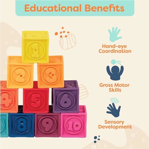 B. toys – Baby Blocks – Stacking & Building Toys For Babies – 10 Soft & Educational Blocks- Numbers, Shapes, Colors, Animals- One Two Squeeze- 6 Months +
