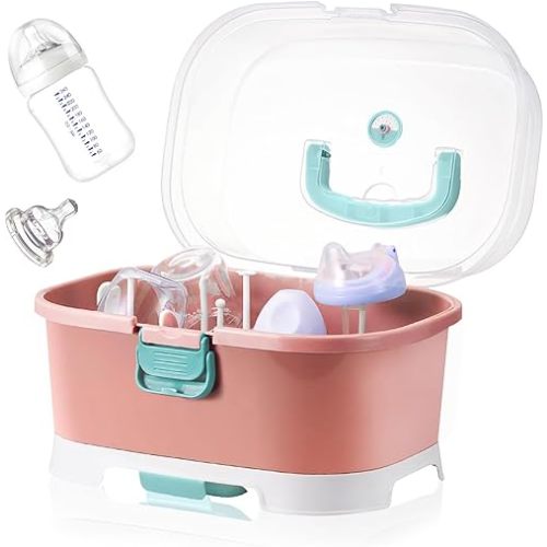 Bottle Holder with Storage Rack and Drying Rack - Bottles, Pacifiers, Pump Parts Storage Box with Lid Cover for Anti-Dust Protection