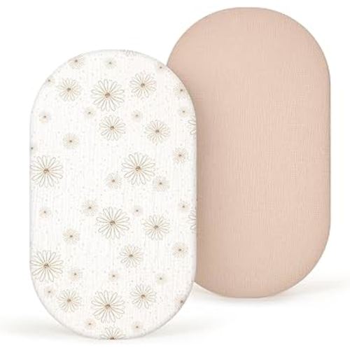 Muslin Bassinet Sheets Baby: Cotton Bassinet Sheets Fitted for Boys and Girls - Bassinet Sheets for Oval Rectangle or Hourglass Mattress(Nudepink Daisy)