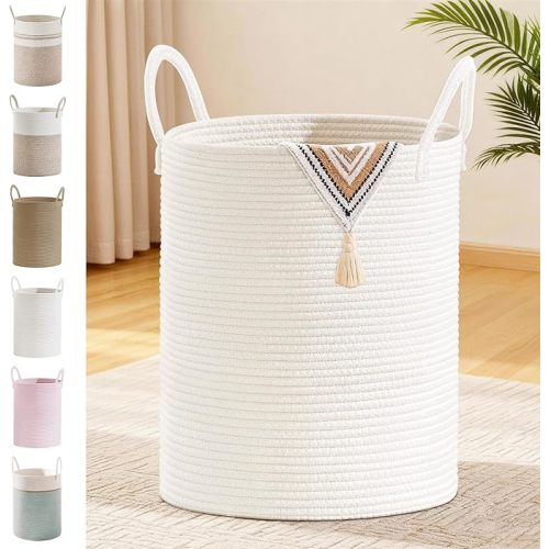 Tall Laundry Basket with Handles, 88L Portable Dirty Clothes Hamper, Boho Cotton Rope Storage Bin for Blankets Kids Toys Gifts, Large Organizer for Baby Nursery Bedroom Bathroom, White