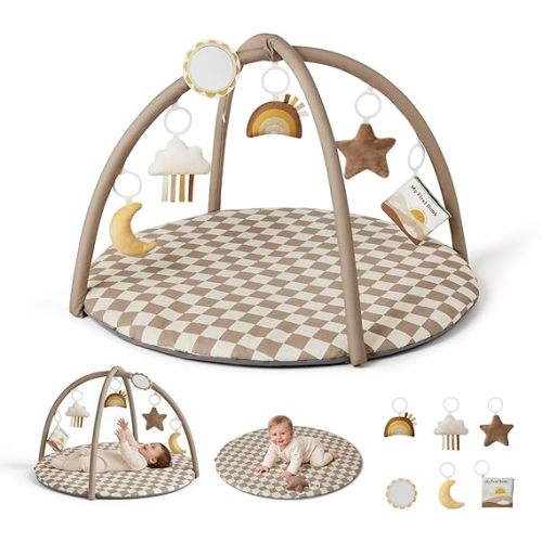 Blissful Diary Baby Play Gym Mat, Play Mat Activity Mat with 6 Detachable Toys for Stage-Based Sensory & Motor Skill Development, Easy to Install & Clean, Baby Essentials Gift, Brown Checkerboard