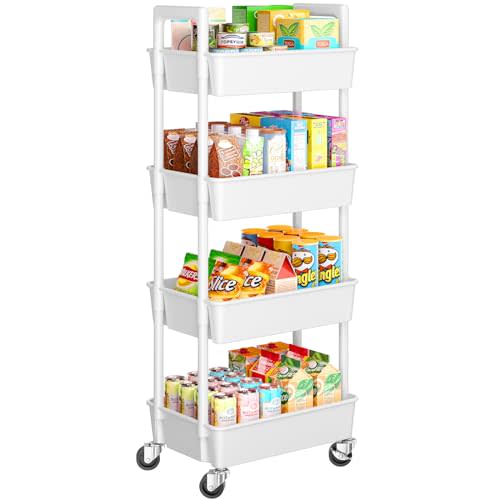 Pipishell 4 Tier Rolling Cart Organizer, Plastic Rolling Cart with Lockable Wheels & Reinforced Handle, Lightweight Utility Cart Storage Cart for Nursery, Kitchen, Bathroom, Craft Room, White, PIUC15W