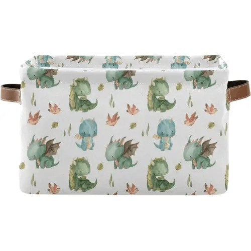 xigua Cute Dragon Storage Basket Collapsible Toy Storage Bins Waterproof Canvas Storage Basket with Leather Handles for Home Closets Offices,Bedrooms,Toy and Gift Baskets,1PCS