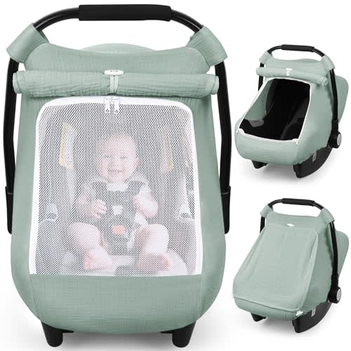 Rquite Car Seat Cover Baby, Carseat Covers Girl Boy, Breathable Muslin Cotton, Large Mesh Window, Infant Car Seat Canopy Baby Carrier Cover Stroller Sun Shade for Summer & Hot Day, Green