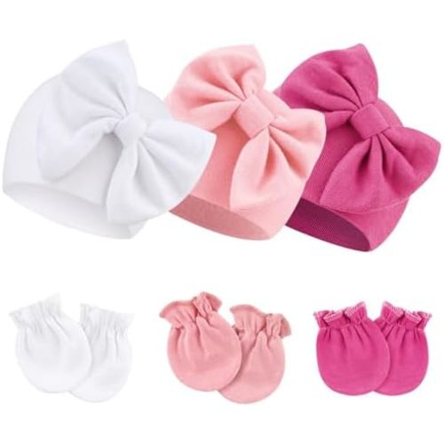 BQUBO Newborn Baby Hospital Hats Beanie Bow Infant Caps Baby Cotton No Scratch Mittens Set for 0-6 Months