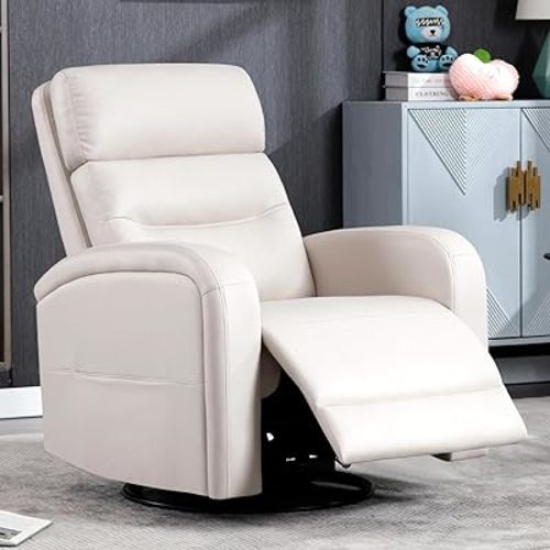 Swivel Rocker Recliner, 360° Leather Swivel Recliner, Manual Nursery Rocking Recliner Chairs with Pockets and Large Arms for Living Room, Beige