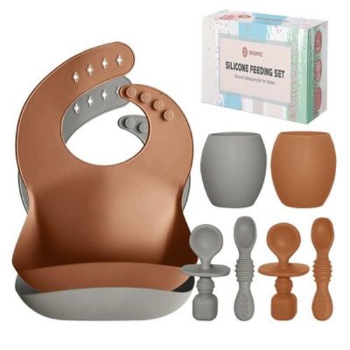 Baby Silicone Feeding Set - Baby Led Weaning Utensils, Silicone Bibs, Infant Feeding Cups Toddlers Smooth Material For Practical Eating, Set Of 8