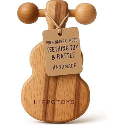 HippoToys Baby Teether – USA’s First Real Natural Wooden Teething Toys for Babies 0–18 Months – Calm Wooden Rattle – No Paint No Plastic No Toxins - Safe Baby Gift