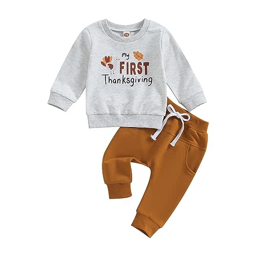 YOKJZJD My First Thanksgiving Baby Boy Outfit Turkey Sweatshirt Long Sleeve T-Shirt Jogger Pants Set Newborn Fall Clothes