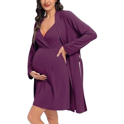 DIKFA Womens Maternity Set 2PCS Nursing Nightgown for Breastfeeding 3 in 1 Labor Delivery Nursing Dress Birthing Bathrobe Set