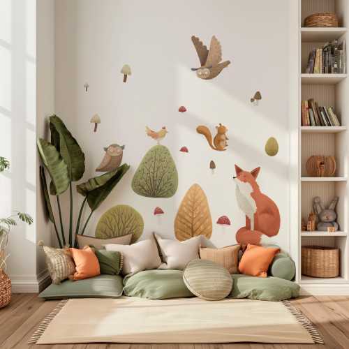 Fox and Owl Wall Decal – Woodland Nursery Decoration – Gentle Nature-Inspired Design