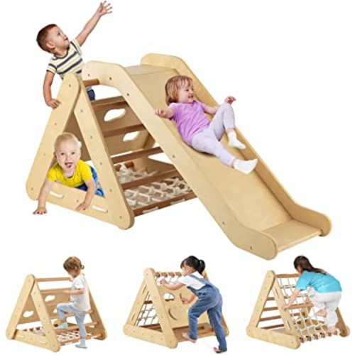 Costzon 4 in 1 Climbing Toy for Toddlers, 3-Sided Montessori Wooden Triangle Climber with Sliding Ramp, Climbing Net & Board, Kids Boys Girls Indoor Home Daycare Gym Playset Birthday