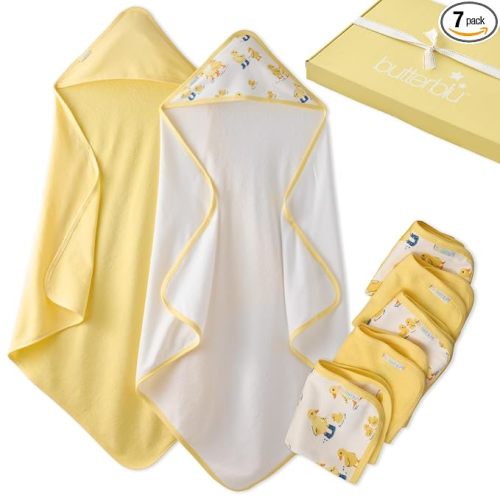 Splash Squad - 7 Piece Bath Time Set 100% Organic Cotton Hooded Towels and Washcloths for Baby Girls, Boys, Unisex, Puddle Jumpers, One Size