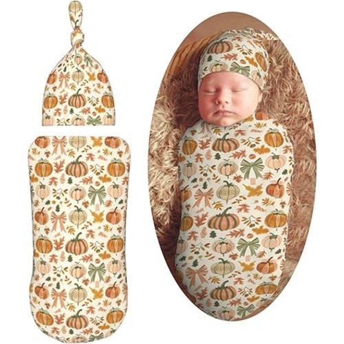 Autumn Pumpkins and Bows Newborn Swaddle Blankets Hat Sets Soft Baby Receiving Blanket Swaddle Sack for Baby Shower Infant Boy Girl Gift