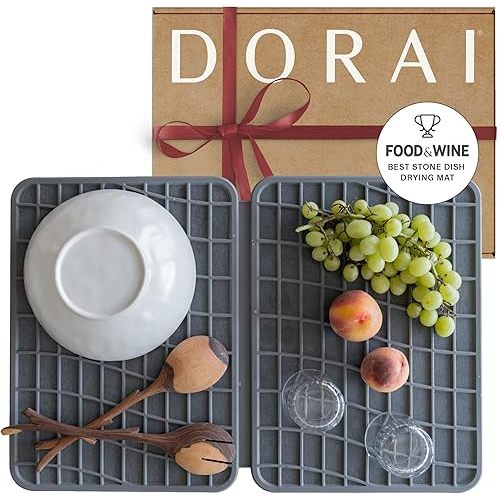 Dorai Large Dish Drying Mat – Stone Drying Mat for Kitchen Counter made with Diatomaceous Earth – Collapsible for Kitchen Storage & Organization | 24.6 x 16.5 in (Slate)