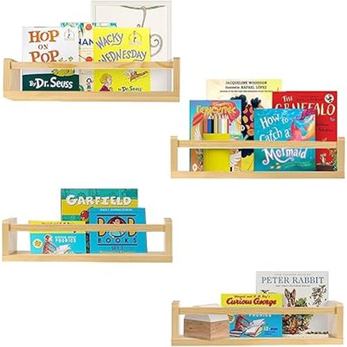 Nursery Book Shelves,Set of 4 Natural Wood Floating Bookshelves for Kids Bedroom,Wall Bookshelf for Kids Bedroom,Kids Bookshelf,Nursery Room Shelves Decor & Playroom Decor