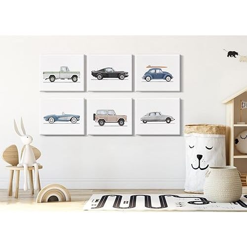 Blue Car Wall Art Decor Boys Room Wall Art Vintage Cars Canvas Poster Toddler Kids Room Wall Art Watercolor Car Pictures Prints for Boys Bedroom Nursery 12x16x6 Inch Framed