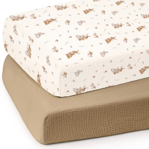 lulumoon Baby Muslin Crib Sheets: Soft & Breathable Fitted Crib Sheets for Boys and Girls - Khaki Bunny Sheets for Standard Crib 2Pack